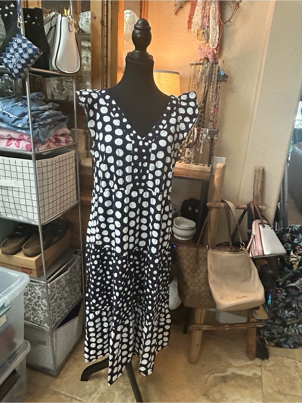 LOFT Navy and White Polka Dot V-Neck Tiered Maxi Dress
